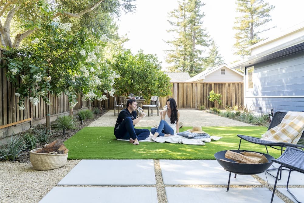 drought tolerant backyard in Napa with artificial turf